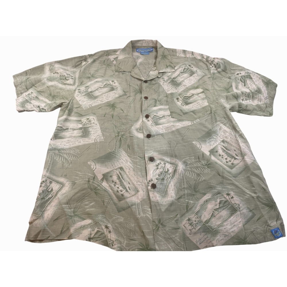 Bermuda Bay Mens XL Silk Aloha‎ Shirt Sage Green Postcard Palm Tree Tropical